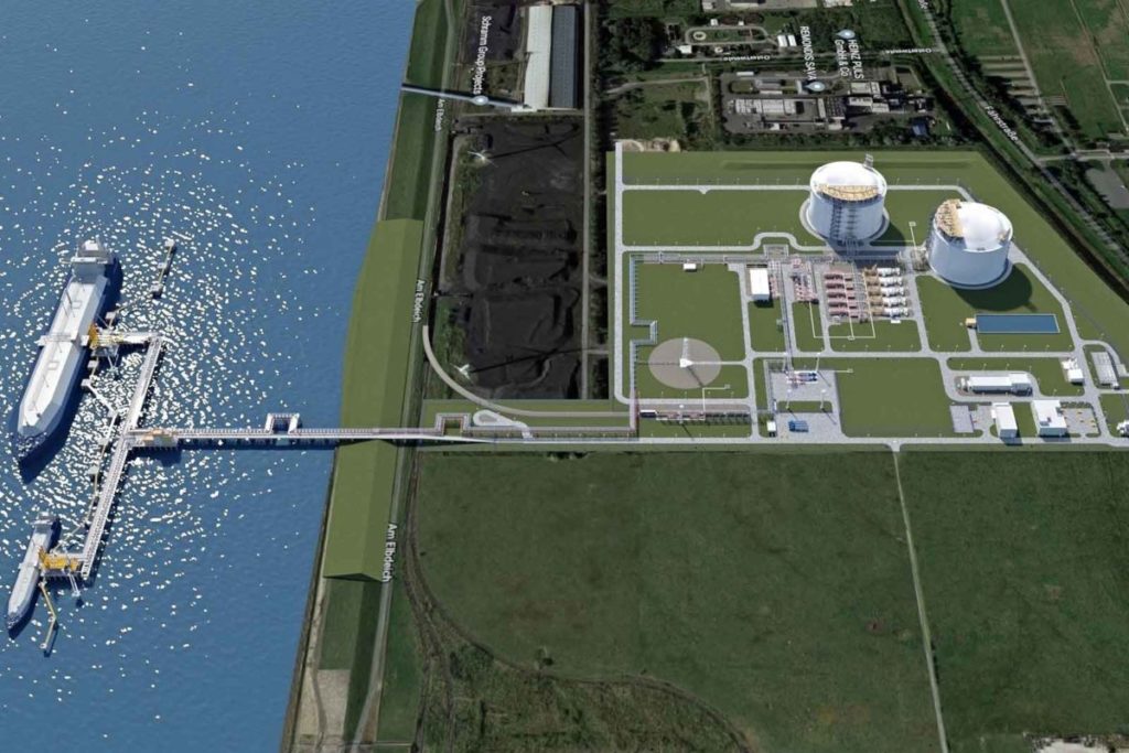A visualization of the future Brunsbüttel LNG Terminal, where RWE is already in negotiation to book capacity for the import of Australian green hydrogen in the form of ammonia