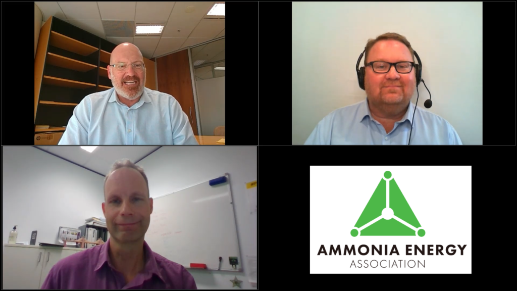 Hazer Group CEO Geoff Ward joins us for Ammonia Energy Live (top left). Geoff was interviewed by Andrew Dickson (top right) and Darren Jarvis (bottom left).
