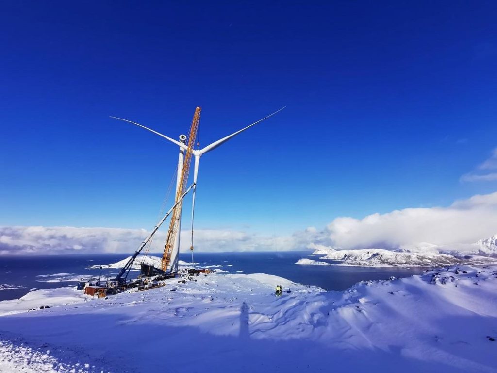 Wind turbines being installed at the Kvitfjell wind farm, west of  Tromsø.