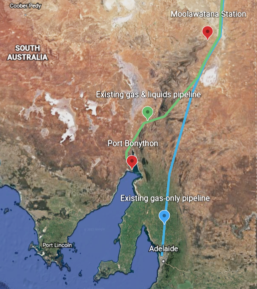 Existing pipeline transport infrastructure runs nearby Moolawatana Station to export facilities at Port Bonython, which is under development as a major hydrogen export hub for South Australia (generated using Google Earth).
