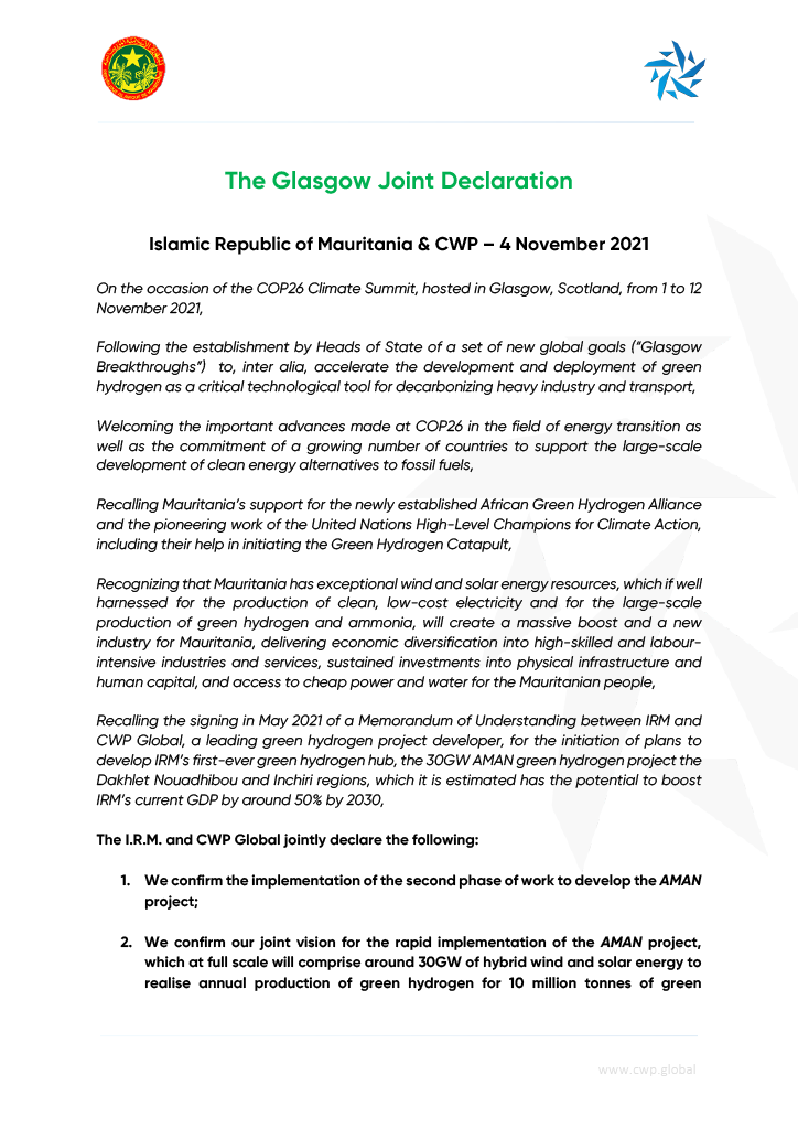The Glasgow Joint Declaration from CWP Global and the Islamic Republic of Mauritania.
