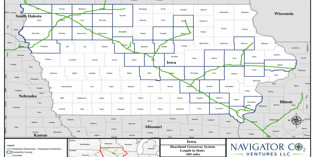 Navigator's proposed Heartland Greenway pipeline transport system, connecting 20 ethanol & fertiliser production sites in Iowa with CCS services. Source: Navigator/Des Moines Register.