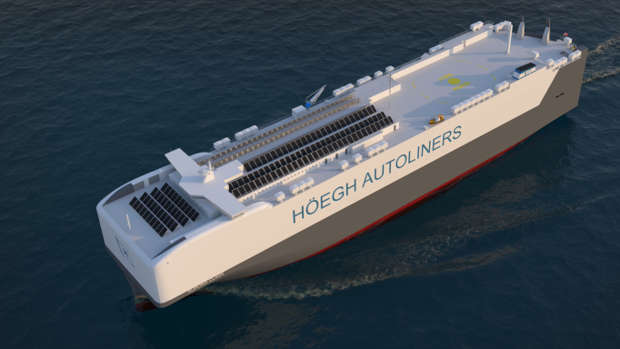 Höegh's ammonia-ready Aurora-class car carrier design, which has capacity to ship over 9,000 passenger vehicles. Source: Höegh Autoliners.