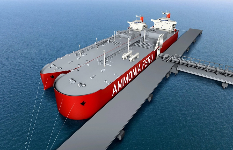Graphic visualisation of an ammonia-powered vessel (background) moored next to an ammonia FSRU barge. Source: Mitsubishi Heavy Industries.