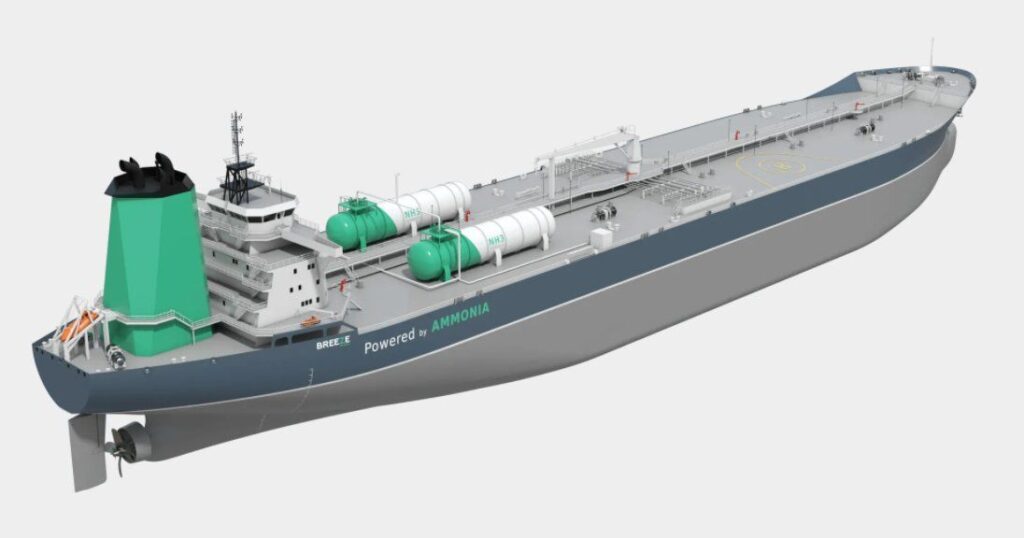 Breeze’s new, ammonia-fueled oil tanker design, based on an existing Aframax-size vessel. Source: Breeze Ship Designs.