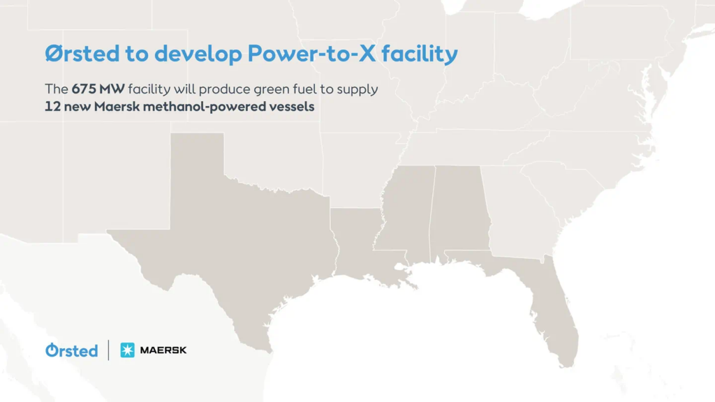 One of the methanol production plants will be a world-scale P-to-X facility on the US Gulf Coast, developed in partnership between Maersk and Ørsted. Source: Ørsted.