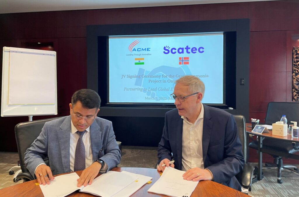 Scatec CEO Raymond Carlsen and ACME Group Founder & Chairman Manoj Upadhyay sign the new green ammonia agreement this week. Source: Scatec.