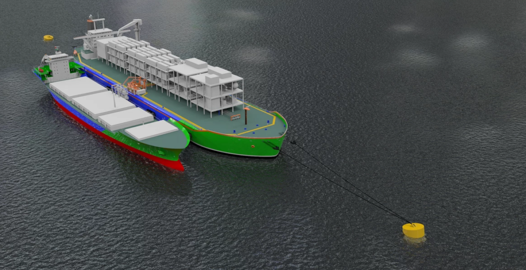 Click to learn more about H2Carrier’s concept for a floating ammonia production
Vessel: the P2XFloater. Pictured here, the P2XFloater (right) is moored next to an ammonia bunkering vessel. Source: H2Carrier.