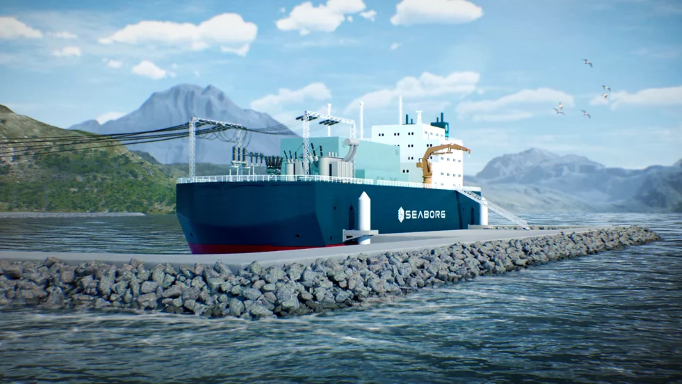 Graphic visualisation of Seaborg’s Power Barge (200 MW unit), moored in port and connected to the onshore grid. Source: Seaborg.