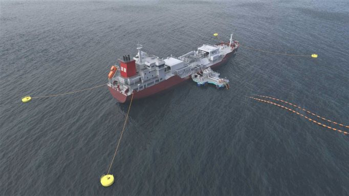 Graphic visualisation of ECONNECT’s jettyless IQuay transferring onshore ammonia into a vessel for export. Source: ECONNECT.