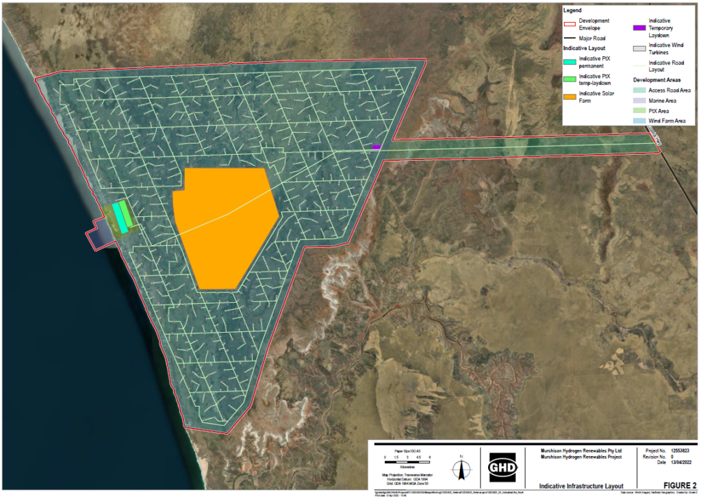 Site layout of the Murchison PtX project near Kalbarri, WA (indicative roads marked). Approx. 700 turbines will surround a 1.5 GW solar farm, with a PtX plant (3 GW electrolysers, desalination plant and Haber Bosch ammonia production plant) on the coast (light blue rectangle). Export will be via sub sea pipeline, and a terminal 1.4km offshore. Source: Murchison Hydrogen Renewables - Proposal Content Document, 2 Ma