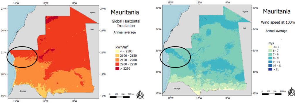 Average solar irradiation and wind speed in Mauritania, with overlap of high potential renewable energy generation in the Dakhlet Nouadhibou and Inchiri regions (black circles) - the proposed location for CWP Global’s AMAN mega-project. Source: Utility-scale Solar and Wind Areas: Mauritania (IRENA, 2021).