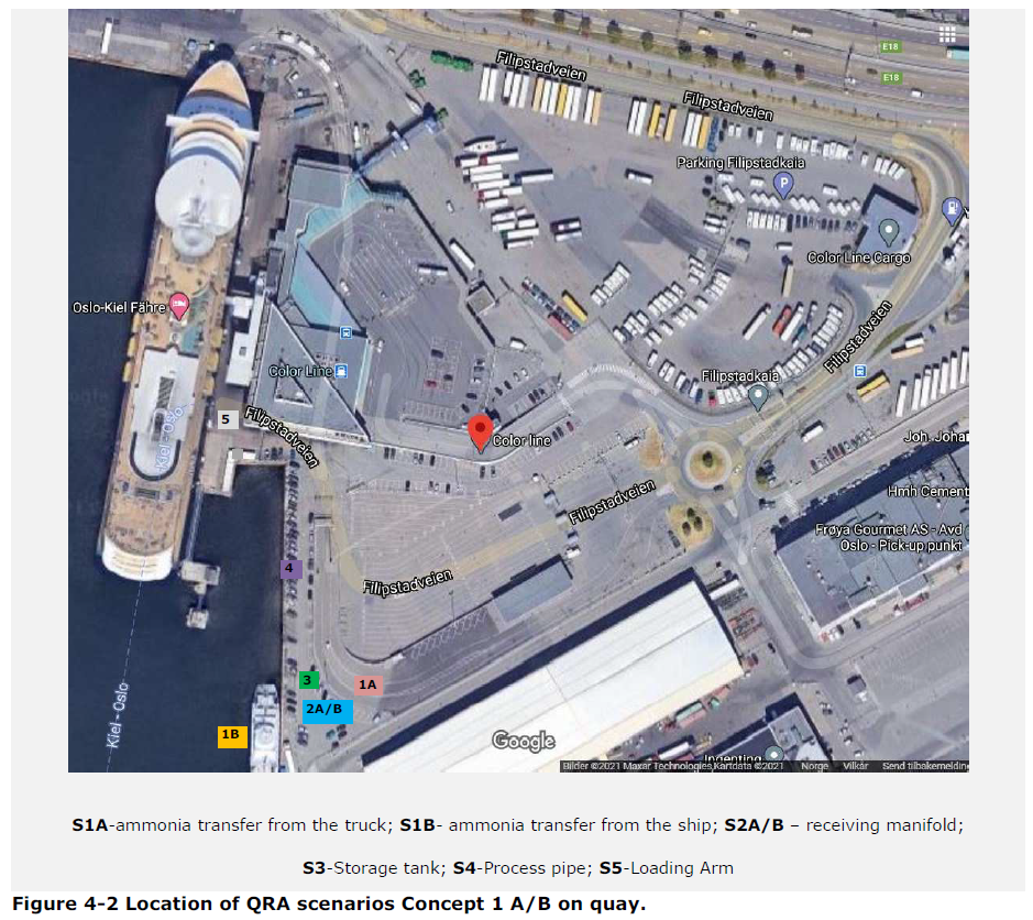 QRA scenarios/locations assessed in Oslo study. Source: Ammonia Bunkering of Passenger Vessel - Concept Quantitative Risk Assessment (DNV, April 2021).