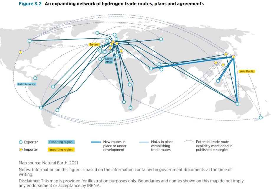 Global hydrogen trade routes, plans and agreements as of late 2021. From Geopolitics of the Energy Transformation: The Hydrogen Factor (IRENA, Jan 2022).