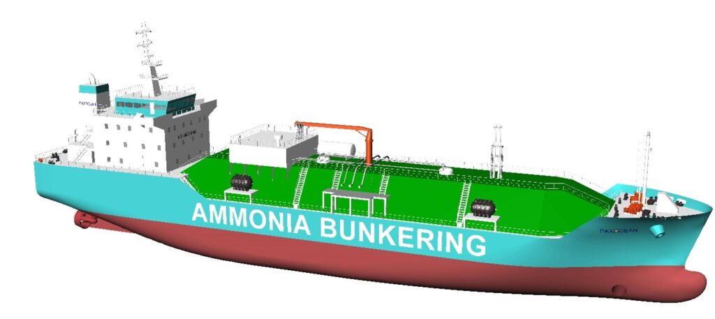A graphic visualisation for the new ammonia bunkering vessel design from PaxOcean. Source: Hong Lam Marine.