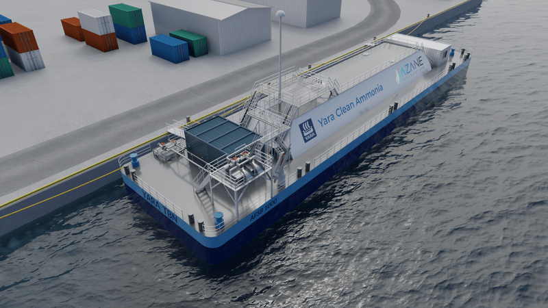 Azane Fuel Solutions’ ammonia bunkering terminal (here shown as a floating unit), which will be rolled out across Scandinavia by Azane and partner Yara.