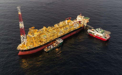 A graphic visualisation of an FPSO vessel, shown here in a hydrocarbon setting for offshore crude oil production.