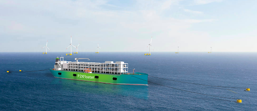Graphic visualisation of the P2XFloater™ moored near an offshore wind farm. Source: H2Carrier.
