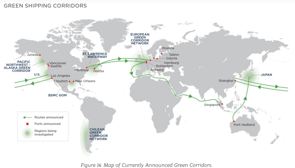 A map of announced green corridors to date, from Green Shipping Corridors: Leveraging Synergies (ABS, Nov 2022).