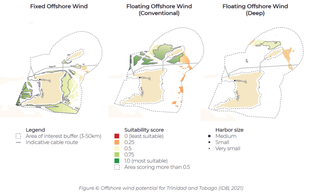 Offshore wind potential in Trinidad & Tobago, Figure 6 in The roadmap for a green hydrogen economy in Trinidad and Tobago (National Energy & IDB, Nov 2022).
