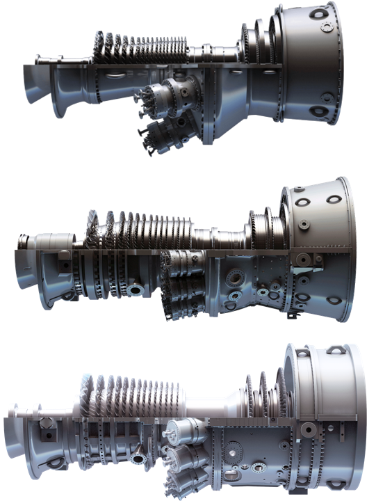 From top to bottom: the 6F.03, 7F and 9F GE gas turbine models, which will have retrofittable combustion systems developed to run on up to 100% ammonia fuel. Source: GE Gas Power.