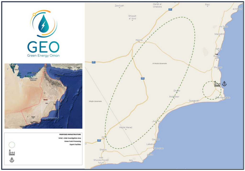 Green Energy Oman project area, production & export facilities in south Oman. Source: InterContinental Energy.