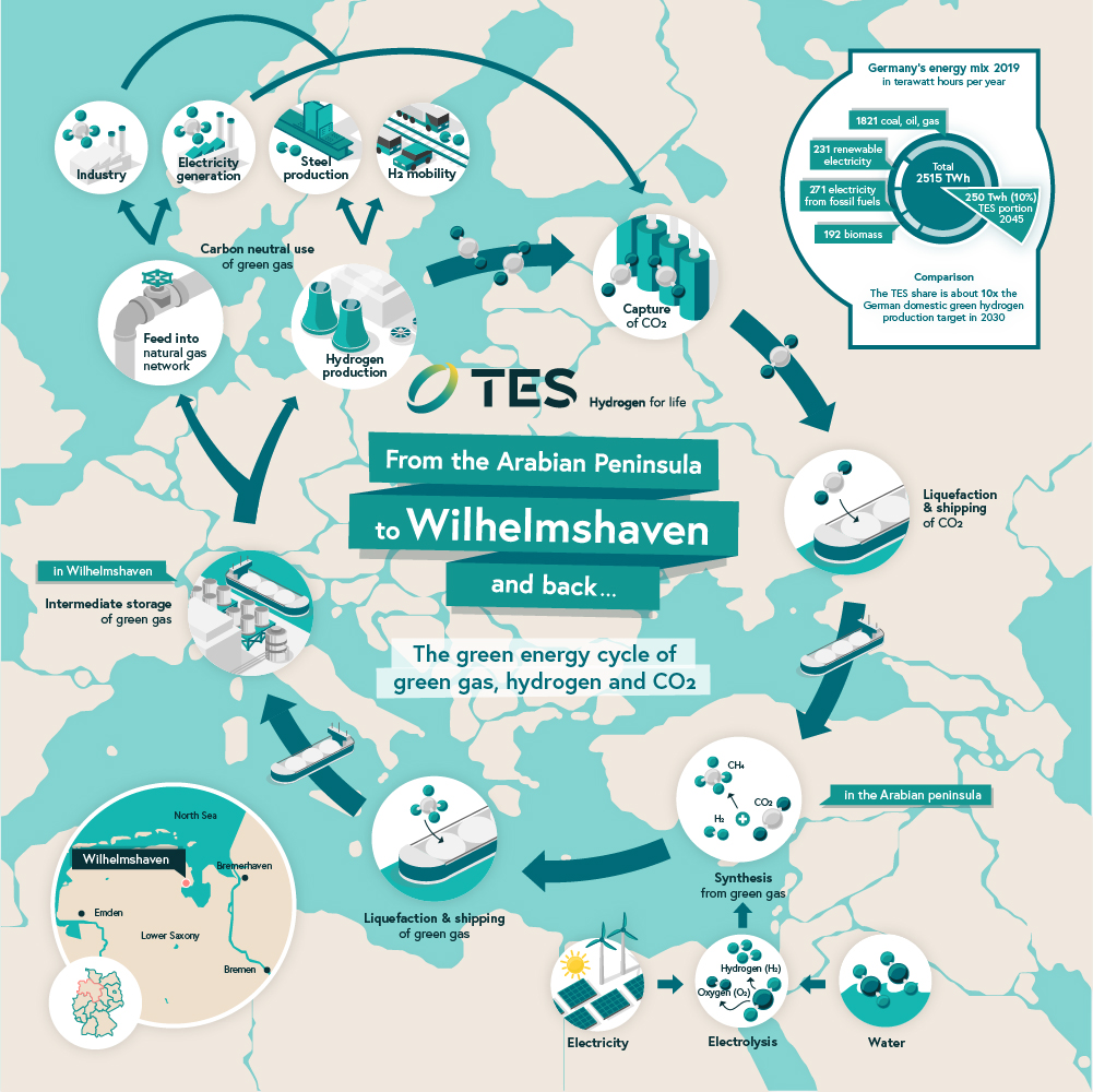 Graphic overview of TES’ plans for a green energy import ecosystem centered on Wilhelmshaven, receiving ammonia imports from the Arabian peninsula. Source: TES.