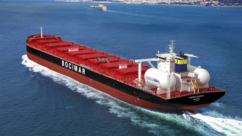 One of ten ammonia-powered Capesize bulk carriers ordered by Bocimar. CMB.TECH and WinGD will develop & deploy ammonia-fueled engines on the series of vessels. Source: CMB.
