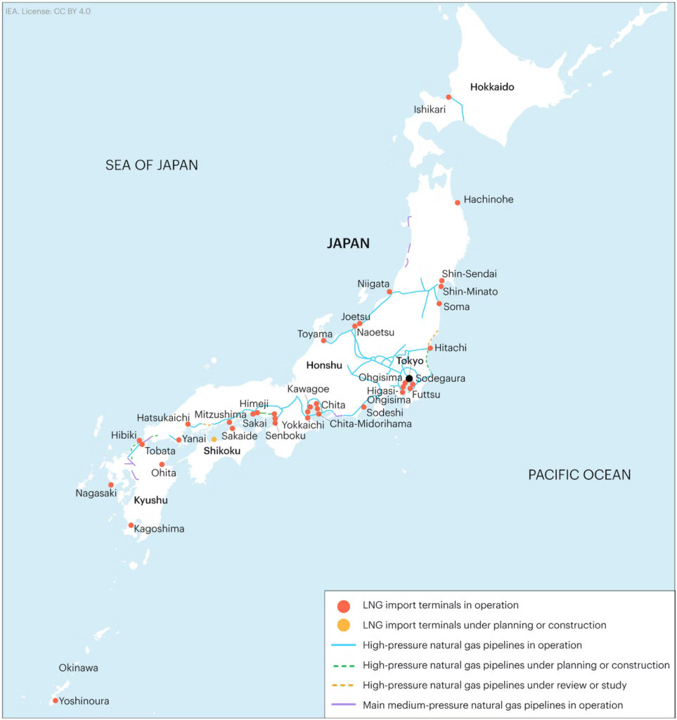 Japan’s operating and planned LNG infrastructure. IHI will explore the conversion of some of these assets to handle ammonia imports. Source: IEA.