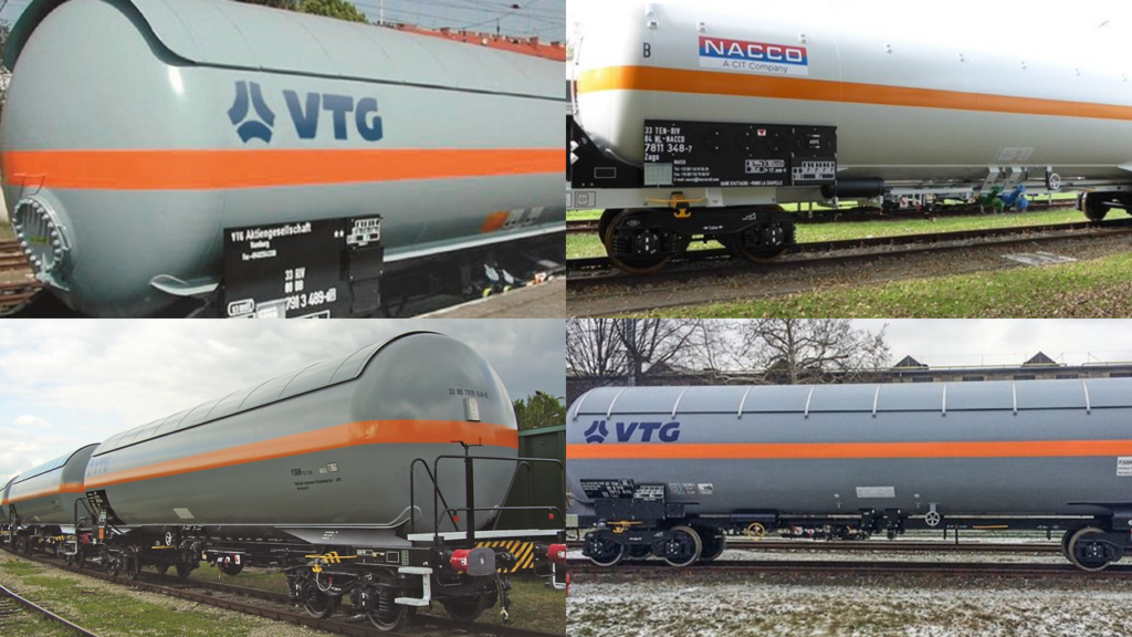VTG’s gas rail tank cars, type G86.095C (top left), G86.102D (top right), G86.104D (bottom left) and G86.106D (bottom right). All are optimised for the transport of ammonia. Source: VTG.