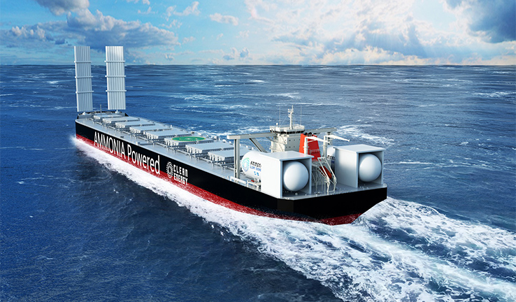 Mitsui & Co. and Mitsui OSK Line’s ammonia-powered, Capemax-sized vessel design, featuring on-deck fuel tanks and hard sails. Source: MOL Group.