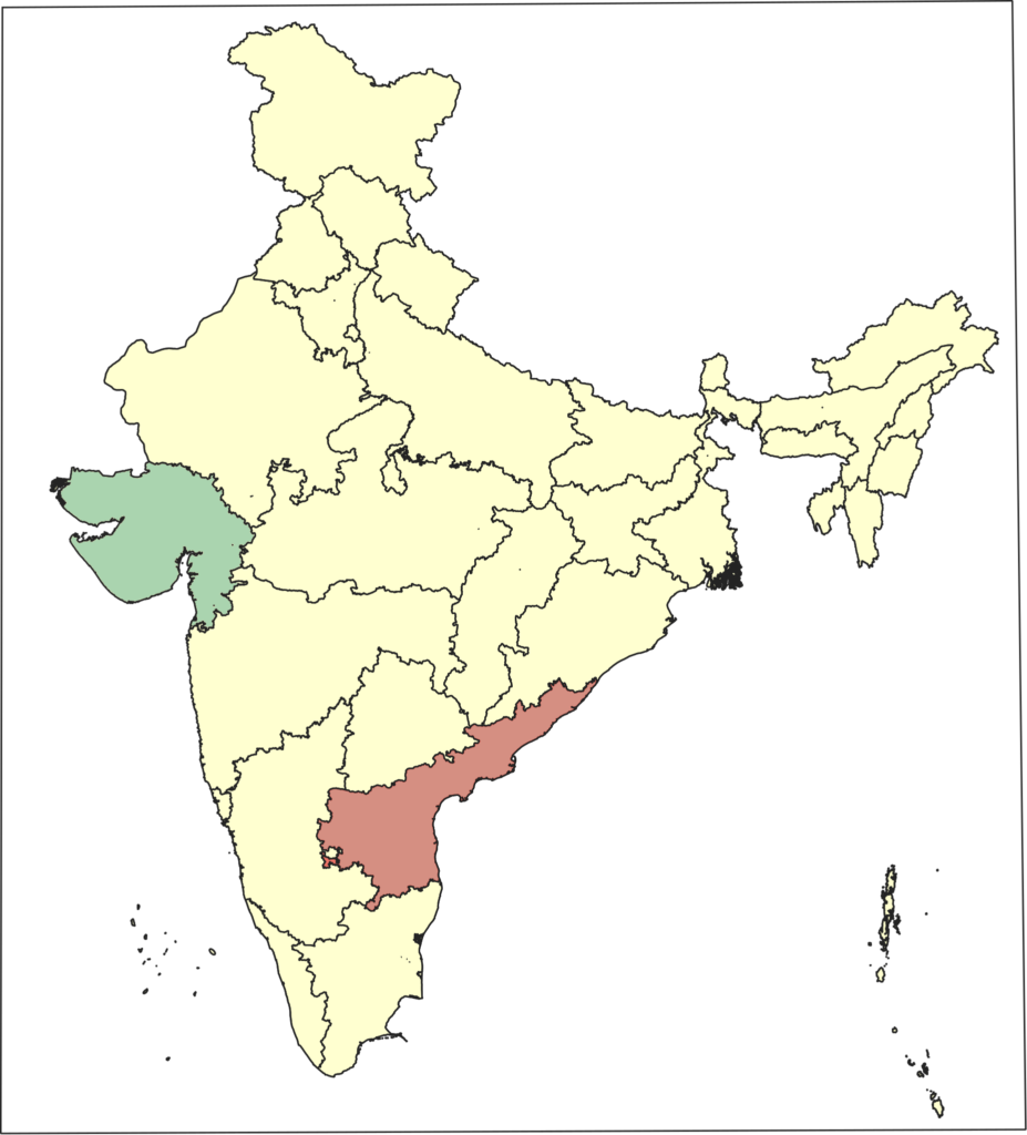 UAE-based Ocior Energy will develop two separate, million-tonne-per-year renewable ammonia plants in Andhra Pradesh (red) and Gujarat (green).