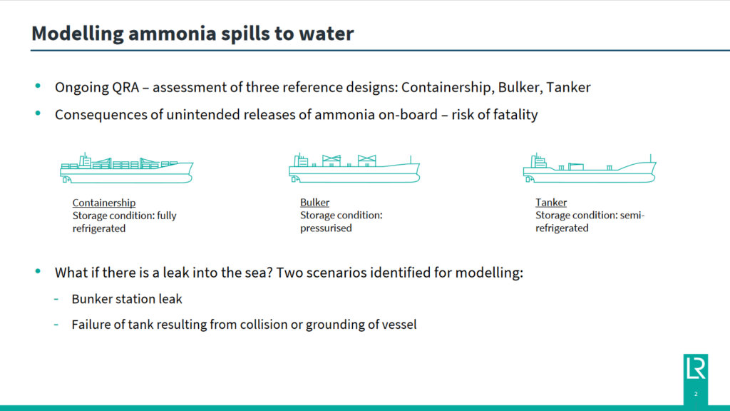 Modelling ammonia spills to water: vessels chosen for QRA. From Samie Parkar, AEA Webinar:
Ammonia at Sea (Feb 2023).