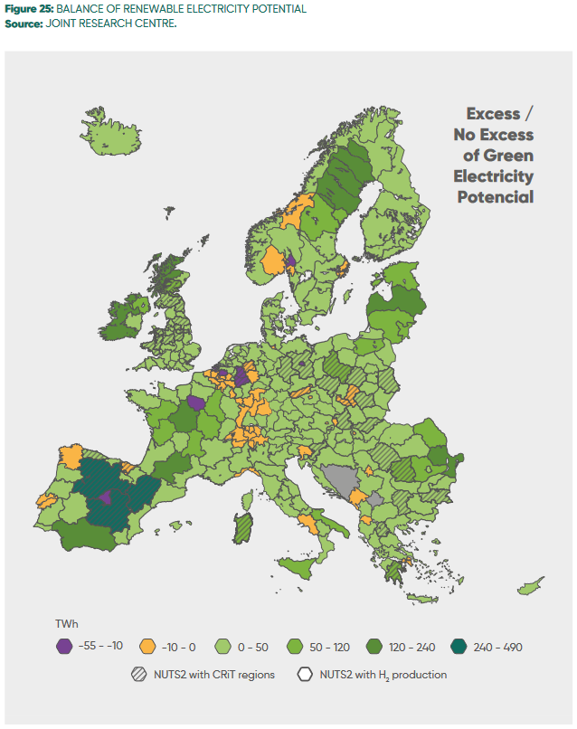 Excess/No excess of green electricity potential across Europe. Figure 25 from Clean Ammonia in the future energy system (Hydrogen Europe, Mar 2023).