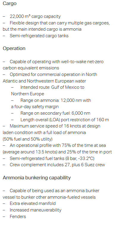 Design requirements for the future MS NoGAPS vessel. From Feasibility assessment of an ammonia-fueled gas carrier design (MMMCZCS, Mar 2023).