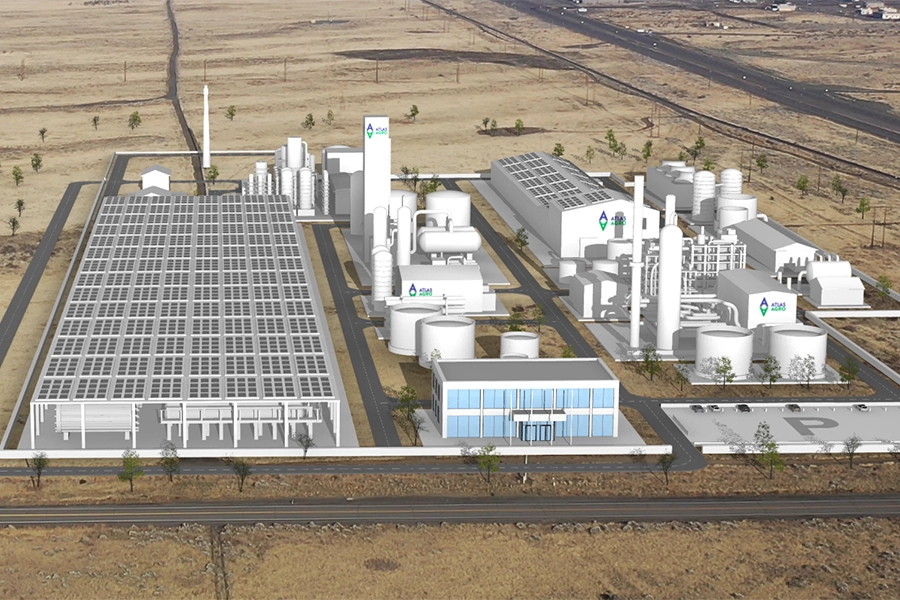 A graphic visualisation of Atlas Agro’s planned fertiliser plant near the Port of Benton, Washington state. Ammonia will be produced from electrolytic hydrogen feedstock. Source: Atlas Agro.