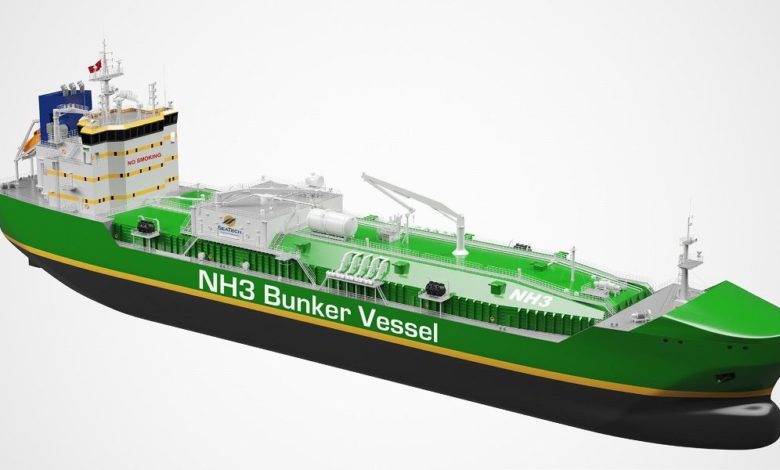 Graphic visualisation of a new ammonia bunkering tanker, designed by SeaTech Solutions and Fratelli Cosulich Bunkers. Source: Fratelli Cosulich.