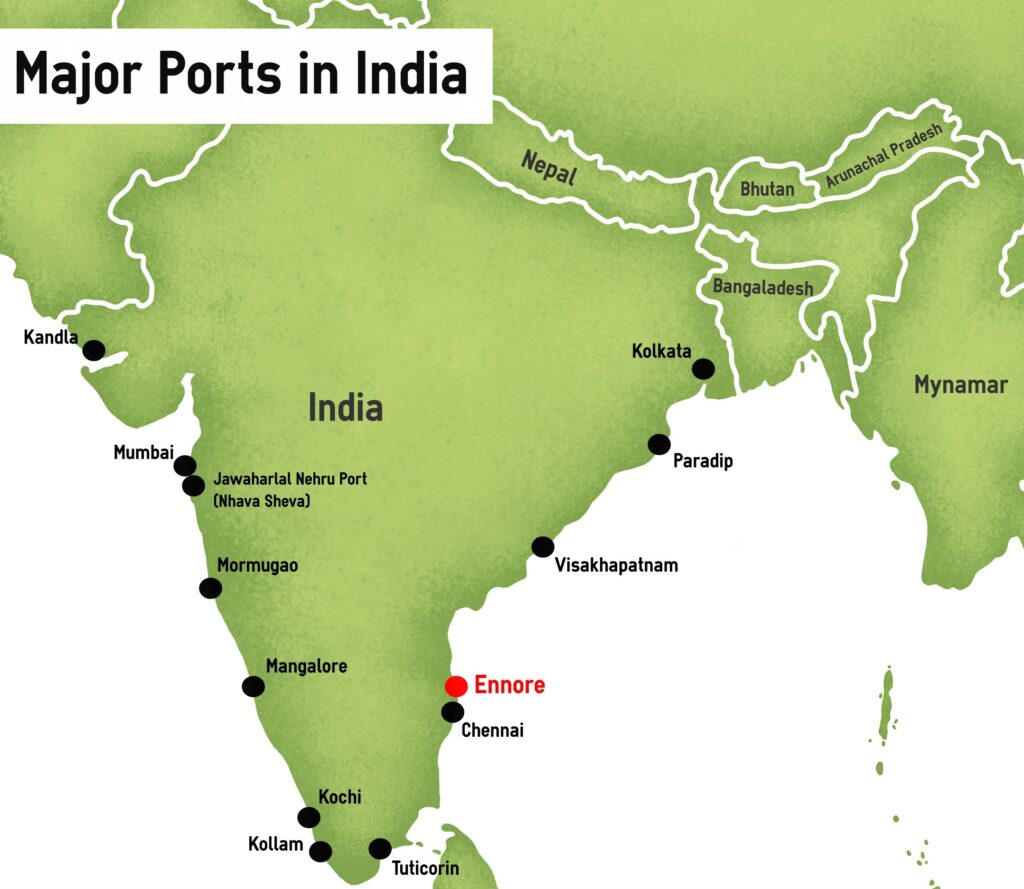 India's thirteen Major Ports (Ennore, the only privately-owned port, is indicated in red). The Ministry of Ports, Shipping and Waterways has mandated that ammonia bunkering will be established at all thirteen locations by 2035. Source: S&P Global Commodity Insights.