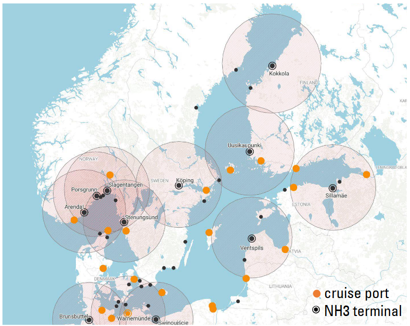 Mapping of ammonia terminals and major cruise ports throughout the Baltic. From Sebastian Prochnow, CAMPFIRE GreenBalticCruising (Apr 2023).