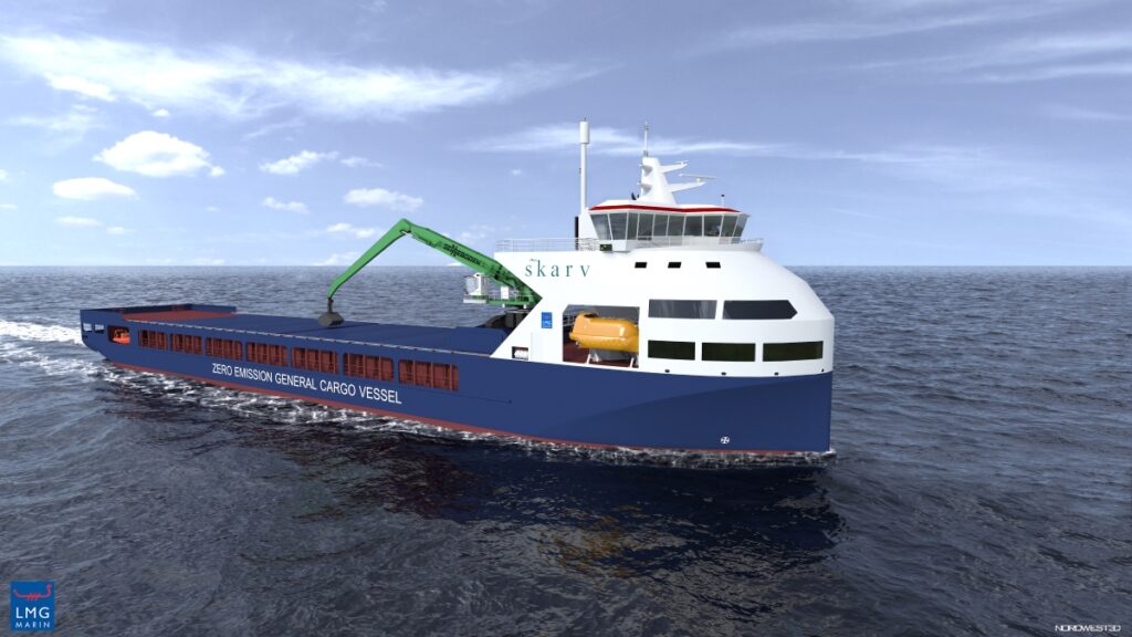 Graphic visualisation of Skarv’s new short-haul cargo vessel, to be powered by four-stroke, ammonia-fueled engines. Source: Skarv Shipping.