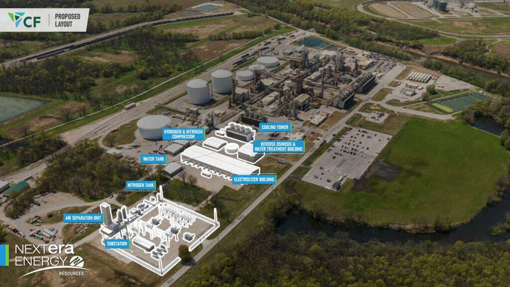 The NextEra and CF Industries partnership will produce 100, 000 tonnes of renewable ammonia annually at the existing Verdigris complex, reducing carbon dioxide emissions in the US agricultural supply chain by 130, 000 metric tonnes per year. Source: NextEra.