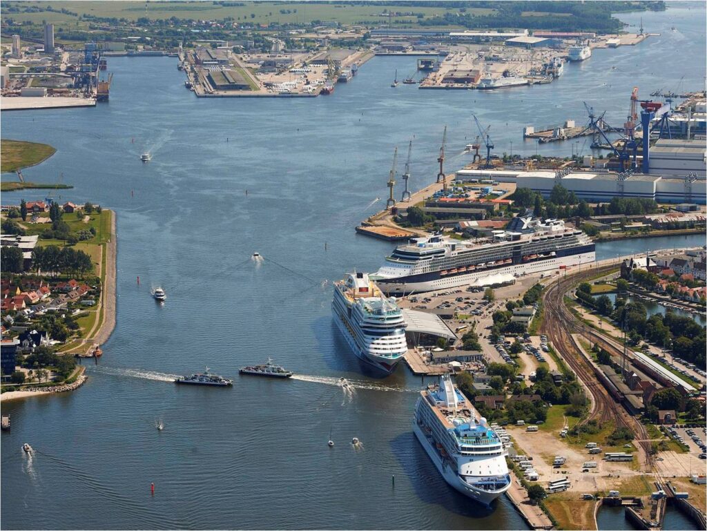 Aerial view of the entrance to the Warnemünde-Rostock cruise line terminal in north east Germany. Source: Rostock Port GmbH.