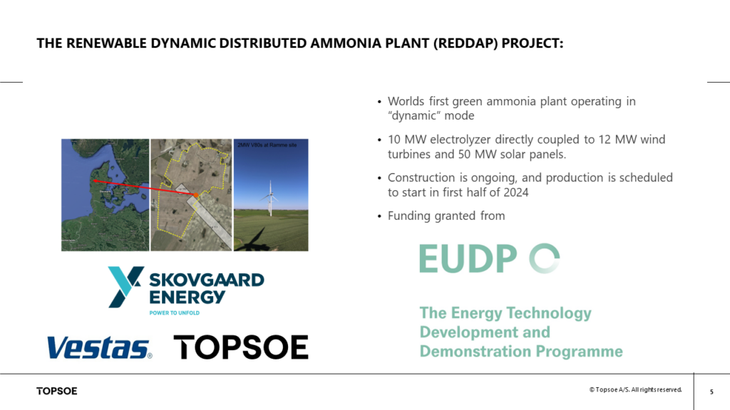 The REDDAP Project in Denmark, a collaboration between Skovgaard Energy, Vestas and Topse. From Pers Sørensen, Flexible Ammonia Production (May 2023).