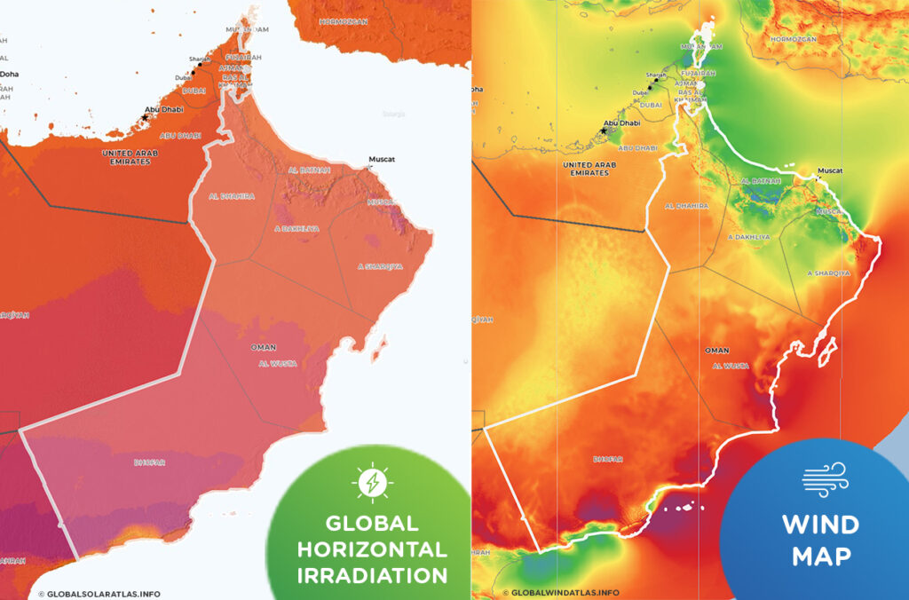 Irradiation and wind energy potential in Oman, which will be harnessed to produce more than one million tonnes of renewable hydrogen per year from 2030. Source: Hydrom.