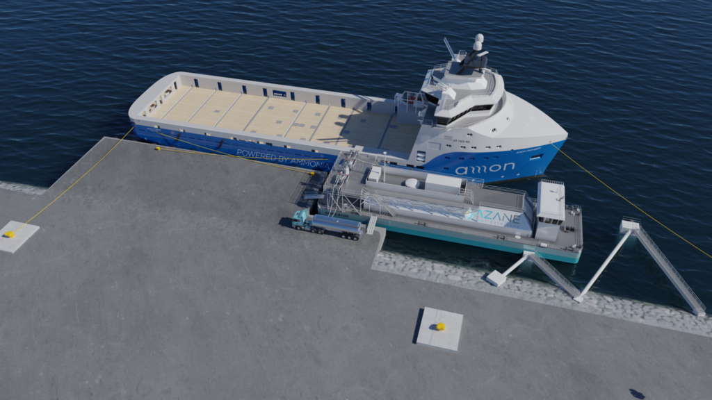 Graphic visualisation of a floating ammonia bunkering terminal, with an ammonia-fueled offshore supply vessel berthed next to an Azane Fuel Solutions bunker barge. Source: Amon Maritime.