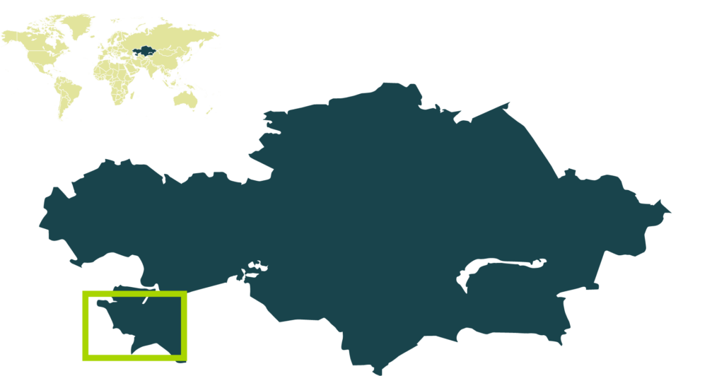 The Hyrasia One project will be located on the Kazakh Steppe in the Mangystau region (green-edged box). Source: Hyrasia One.