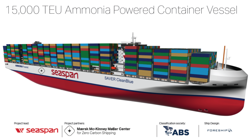 The 15,000 TEU ammonia-powered container vessel has received approval in principle from the American Bureau of Shipping. Commercialisation efforts will follow. Source: Seaspan.