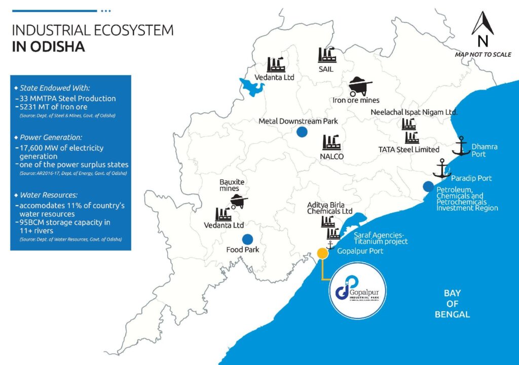 Odisha’s current industrial ecosystem. ACME and IHI will develop an ammonia mega-project at the Gopalpur Industrial Park (bottom centre). Source: Tata Steel Special Economic Zone Limited.