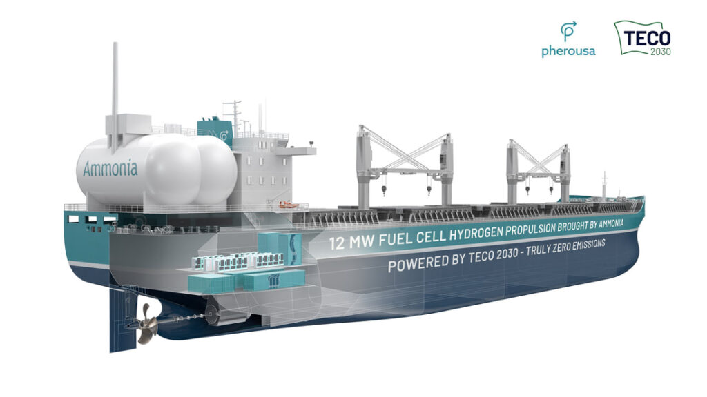 Pherousa’s ammonia cracking technology will be incorporated into the new Ultramax dry bulk carrier design, with partner OSM Thome to assist with construction & crewing the vessels. Source: Pherousa.
