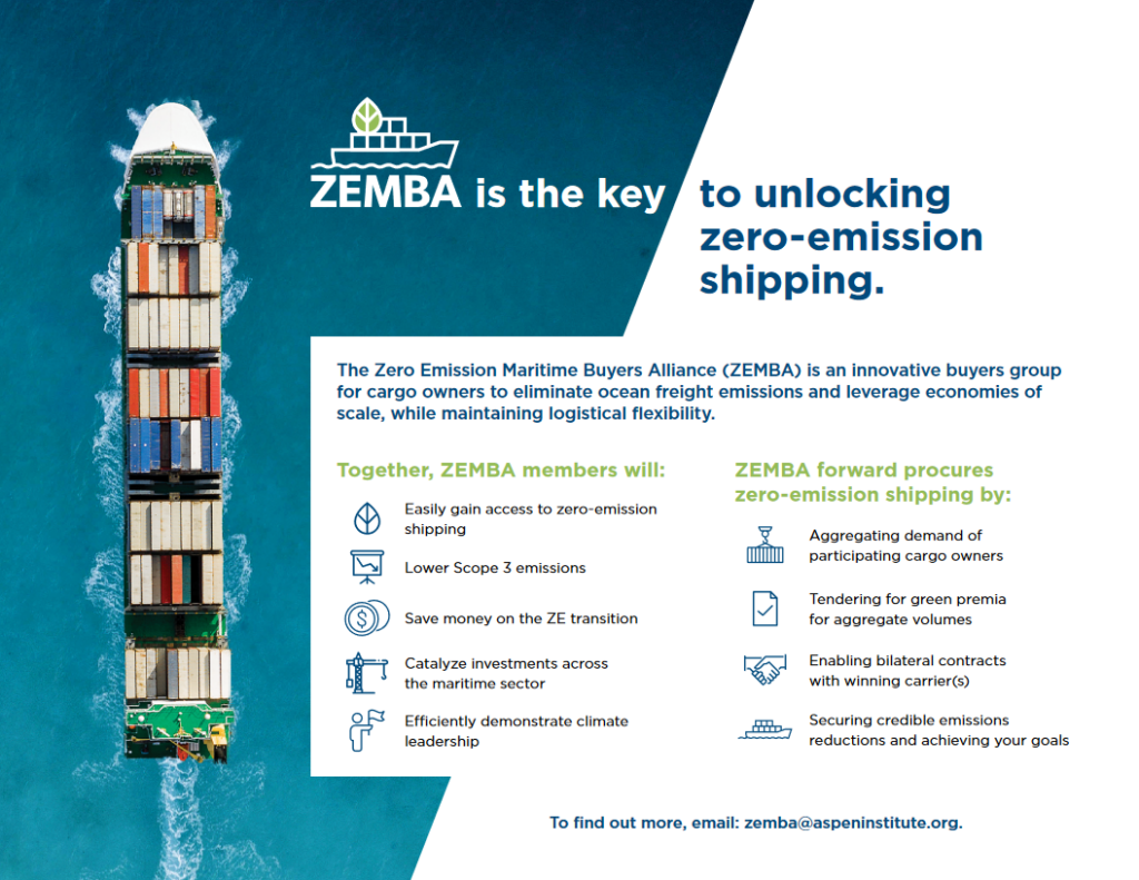 ZEMBA, a twenty-member buyers group with the mission to accelerate commercial deployment of zero-emission shipping, has launched a tender for container shipping powered by zero-emissions fuels. Source: ZEMBA.